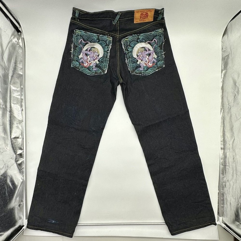 Red Monkey Company Men's Sz 34 Martin Ksohoh Design Embroidered Dark Wash Jeans